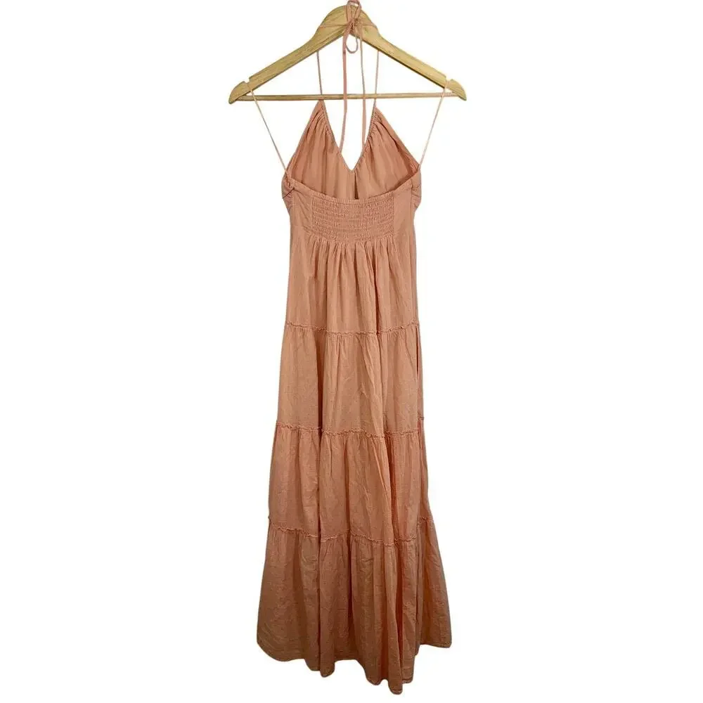 Abercrombie & Fitch Peach Cotton Smocked Tiered Maxi Halter Dress Women Size XS